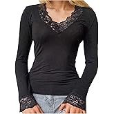 MakeMeChic Women's Floral Lace T Shirt V Neck Long Sleeve Fitted Going Out Tee Tops