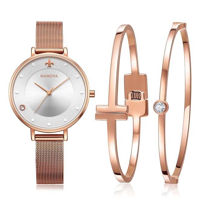 MAMONA Damen Uhr Set Analog Quarz mit Edelstahl Anpassbares Netzband Armband L3883RGGT