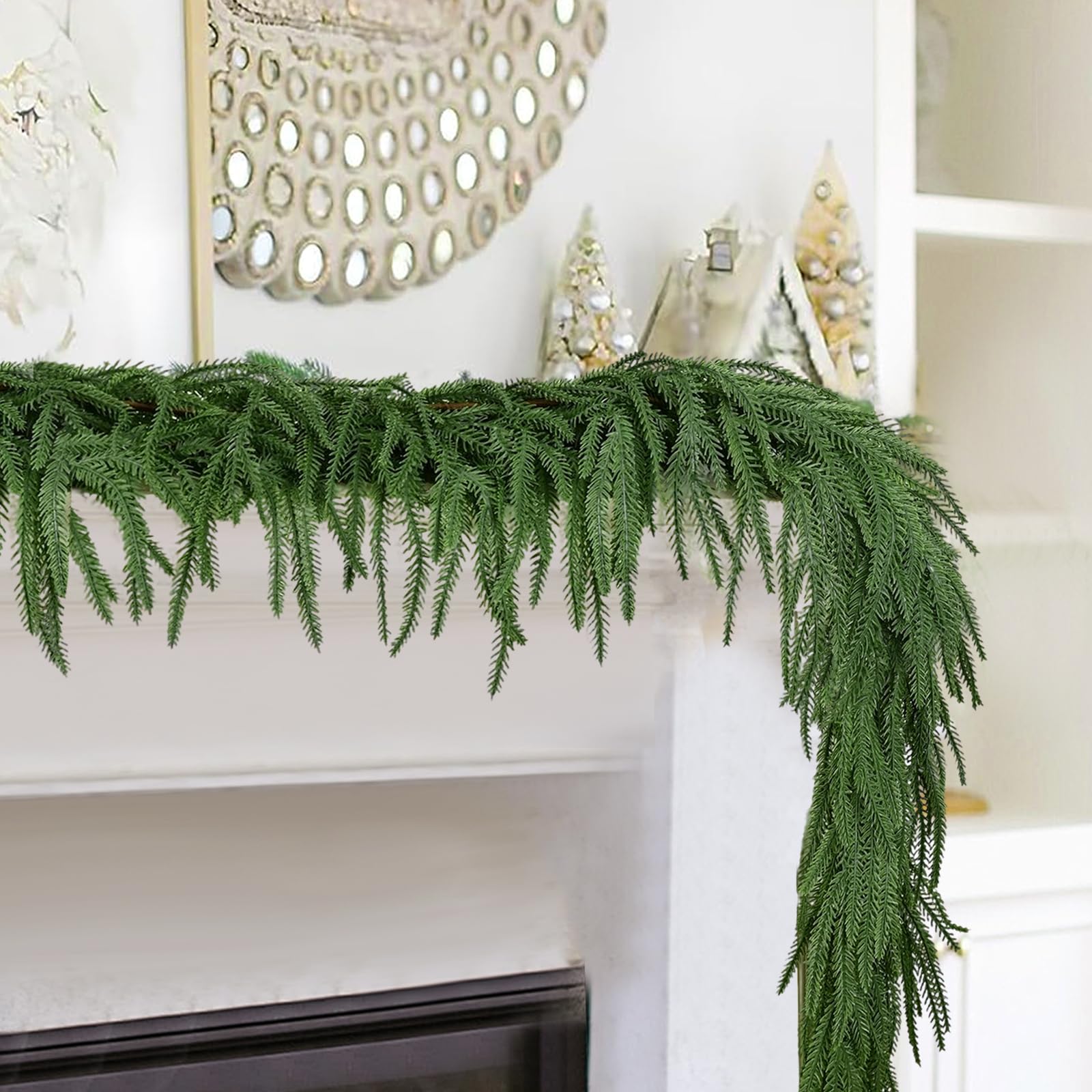 2PCS 9FT Real Touch Norfolk Pine Garland with 120 Branches, Green Christmas Holiday Garlands, Artificial Greenery Garland for Table,Wall, Christmas Decorations