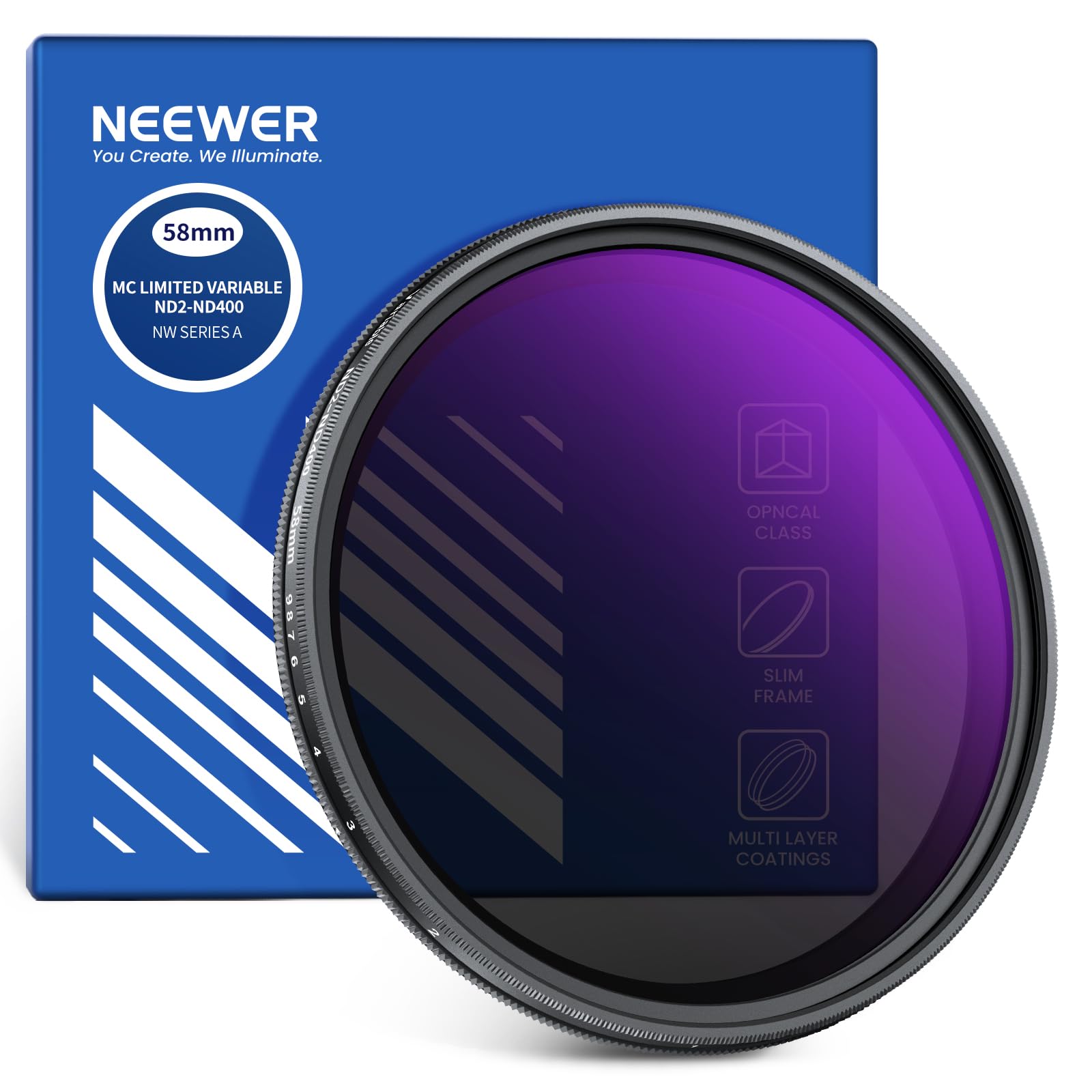 NEEWER 58mm Variable ND Filter, Hard Stop Limited Adjustable ND2-ND400 Camera Lens Neutral Density Photography Filter, Multicoated Water Repellent Scratch Resistant Optical Glass Slim Aluminum Frame
