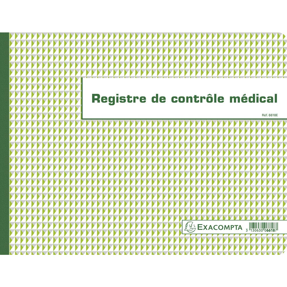 Exacompta - Ref 6618E - Horizontal Medical Control Register Book (60 Pages) - 240 x 320mm in Size, 110gsm Paper with Green Rulings, Laminated Gloss Cover - French Text