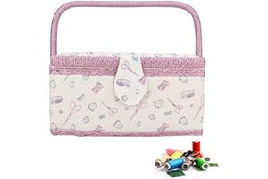 HERCHR Sewing Basket, Classic Fabric Sewing Kit Storage Box, Vintage Sew Supplies Storage, DIY Crafting Accessories Large Embroidery Box with Organizer Tray Compartment, 9.6 x 7.1 x 5.1 inches