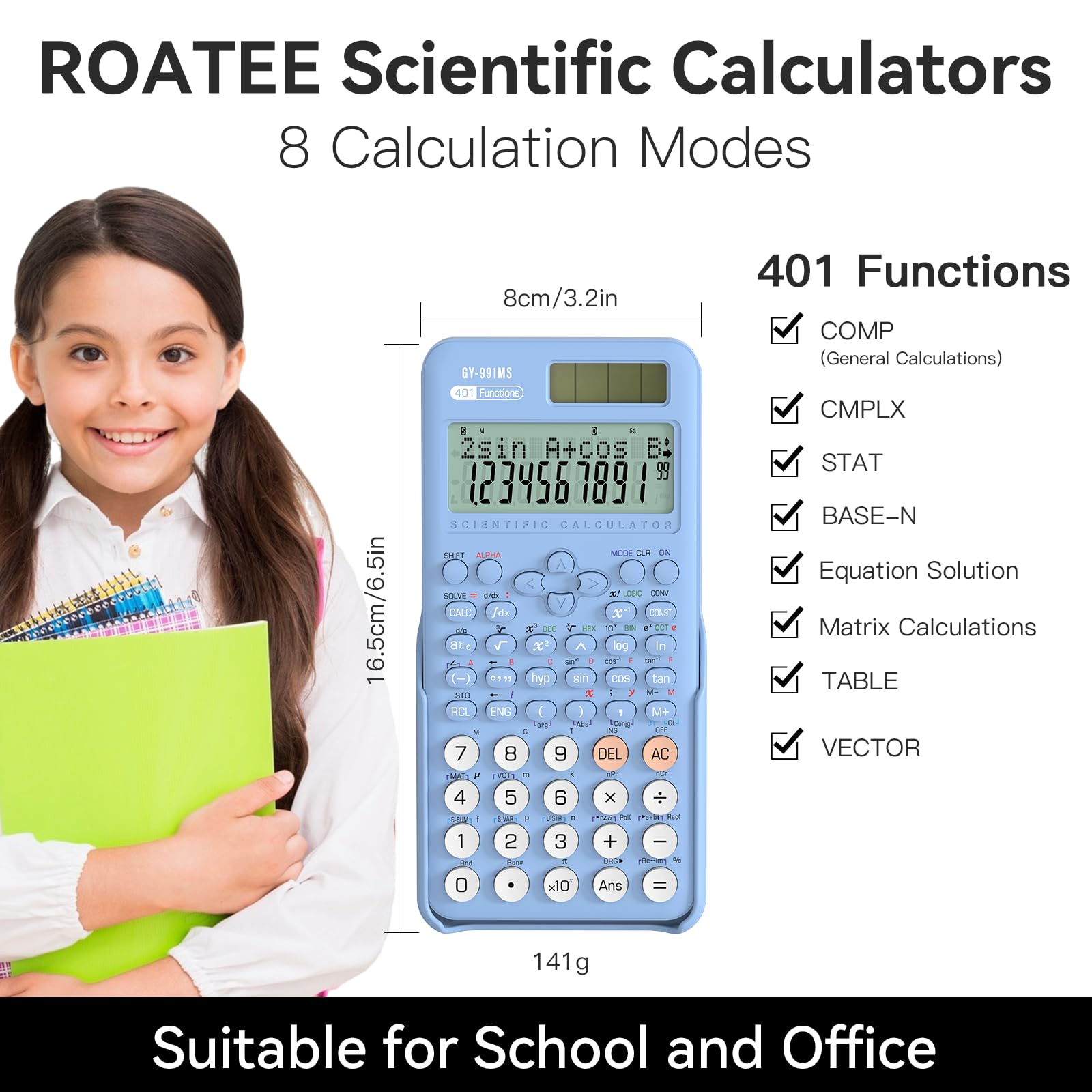 Scientific Calculator School Supplies, ROATEE 991MS 401 Functions 2-Line Display Desktop Calculator with Sliding Cover, Solar Battery Dual Power Kawaii for Middle High School Student and Teacher Blue