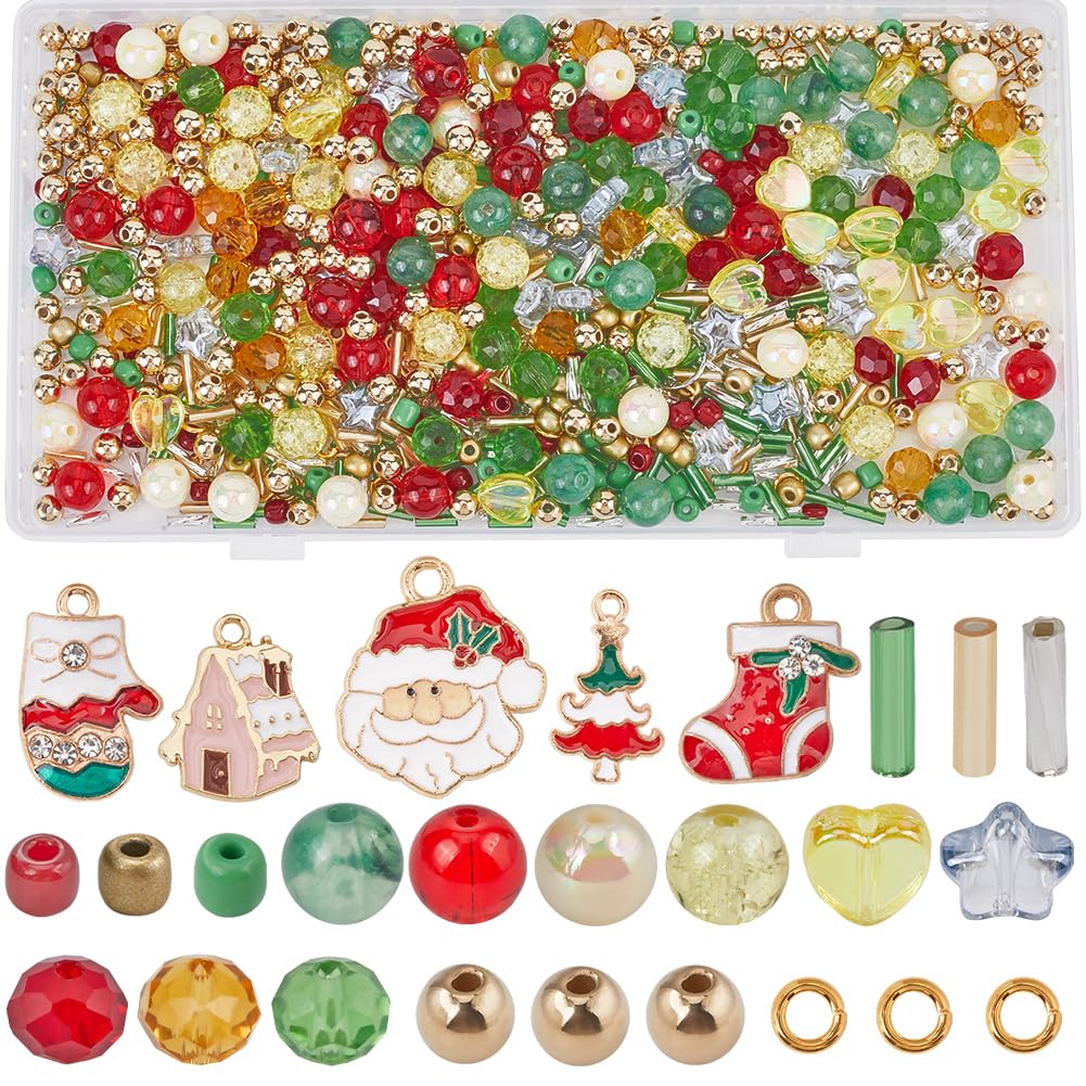 SUNNYCLUE 1 Box 905Pcs Christmas Bead Set Christmas Beads Bulk Xmas Charms Santa Claus Sock Charm Christmas Tree Charms Glass Seed Beads for jewellery Making Kit Necklace Earrings Bracelets DIY Gift