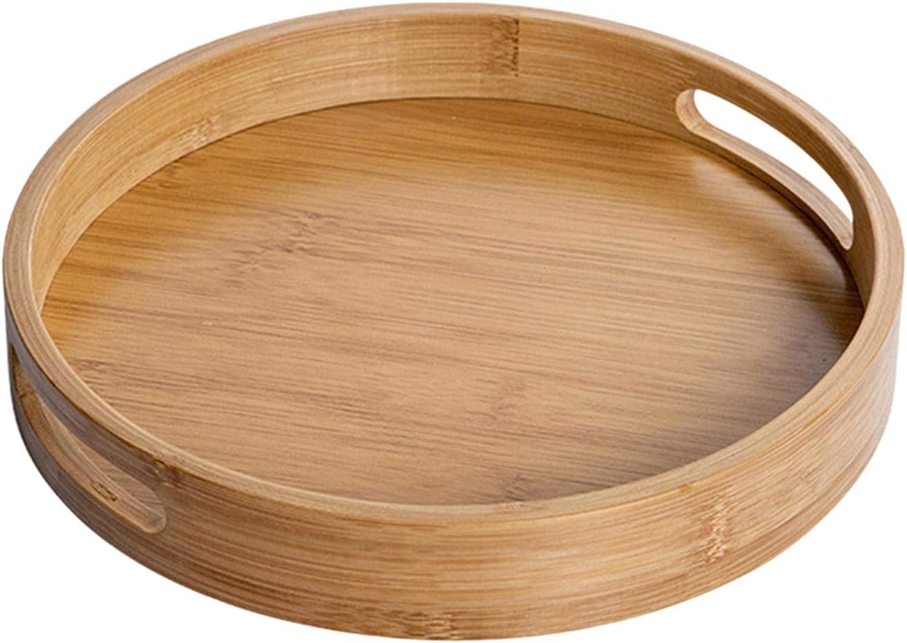 Bamboo Wood Round Tray w/Handles, Tea & Coffee Table Decorative Serving Tray Food Storage Platters for Serving Beverages & Food on Bar Living Room Home Dining Table