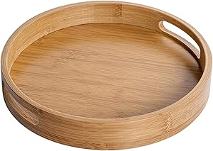 Bamboo Wood Round Tray w/Handles, Tea & Coffee Table Decorative Serving Tray Food Storage Platters for Serving Beverages & Food on Bar Living Room Home Dining Table