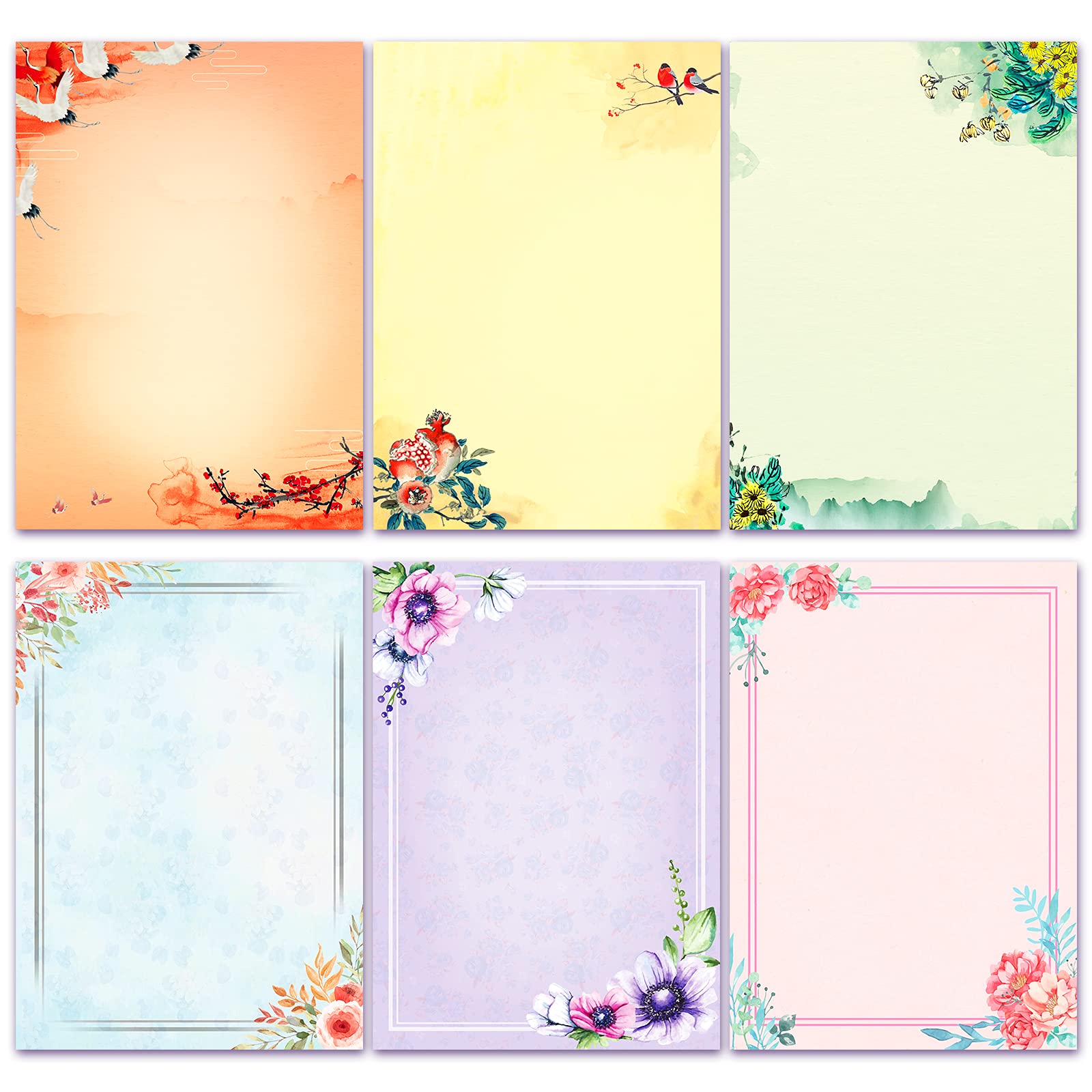 A4 Japanese Stationery Paper, 48 Sheets Letters Writing Papers, Printer Friendly Stationary, Color Printed on Both Sides, Ink Painting Classic Vintage Floral Design Double-Sized