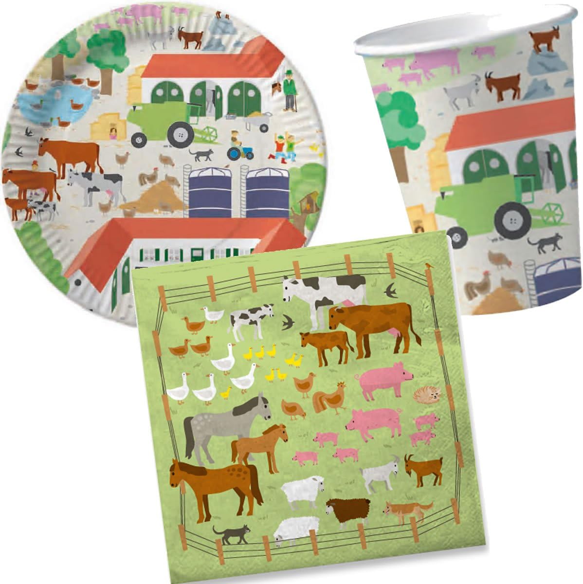 Farm Set of Paper Plates + Napkins + Paper Cups for Children's Birthday