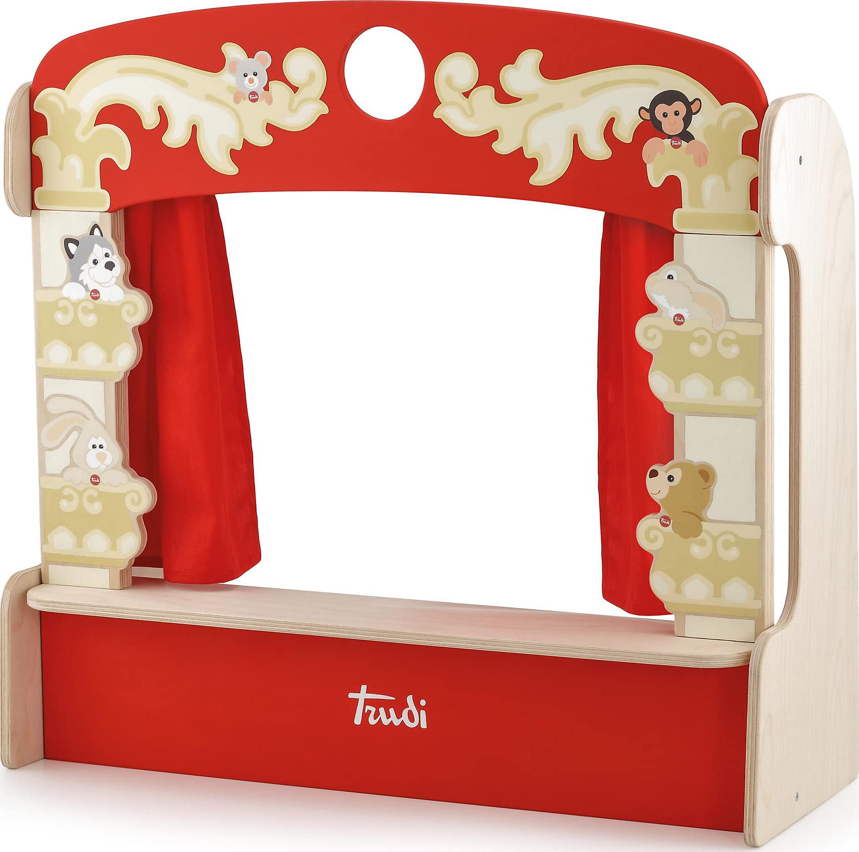 Trudi Sevi Wooden Table Theatre with Plush Puppets - 58x56x21 cm, Multicolour Stage for Creative Storytelling, Hand-Painted Wooden Toy, Safe & Durable, Perfect for Imaginative Play and Learning