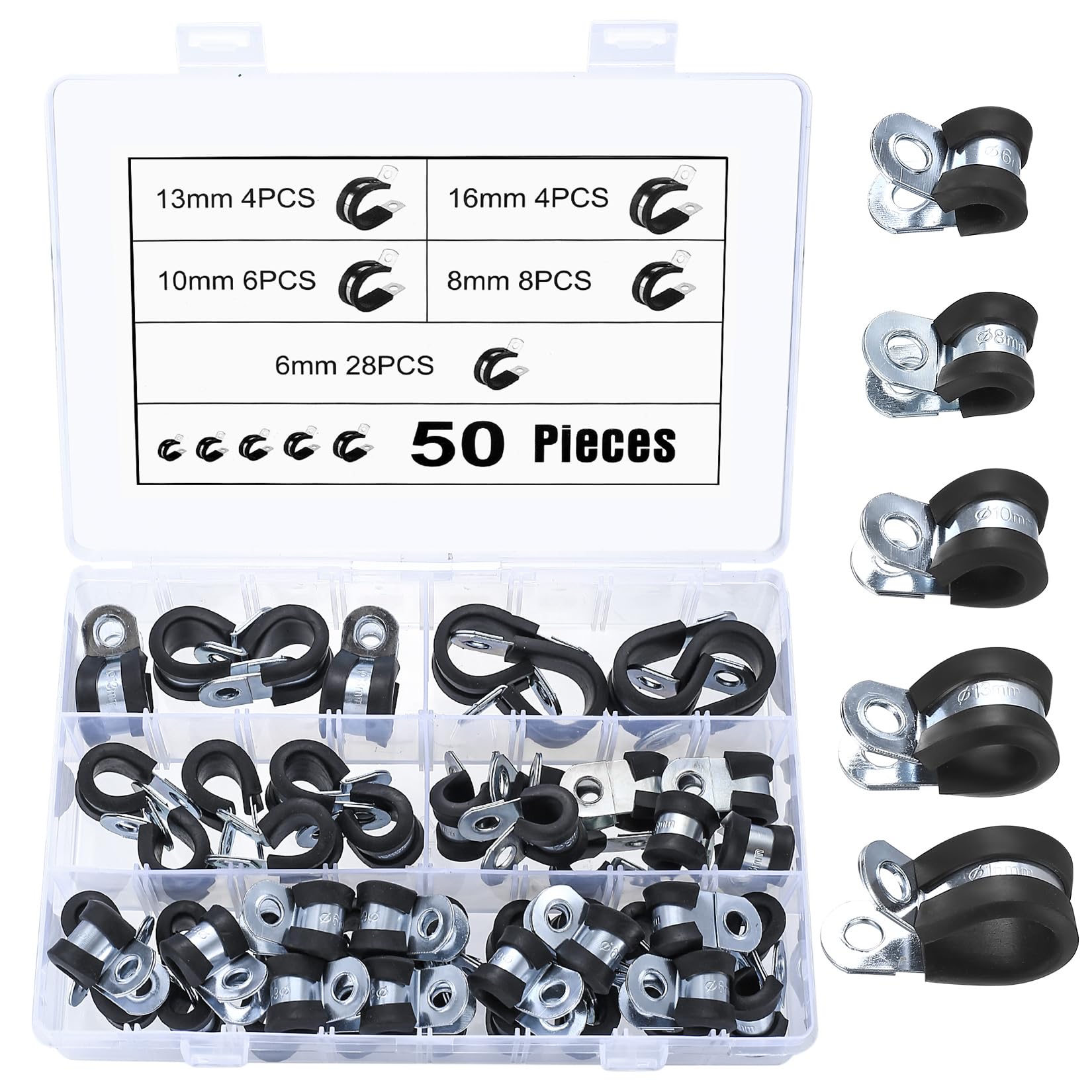 50 Pcs Carbon Steel Rubber Lined P Clips Assorted, Rubber Cushioned R Clamps, Metal Wire Cable Clamps Conduit Clips for Hose Tube - 6mm 8mm 10mm 13mm 16mm