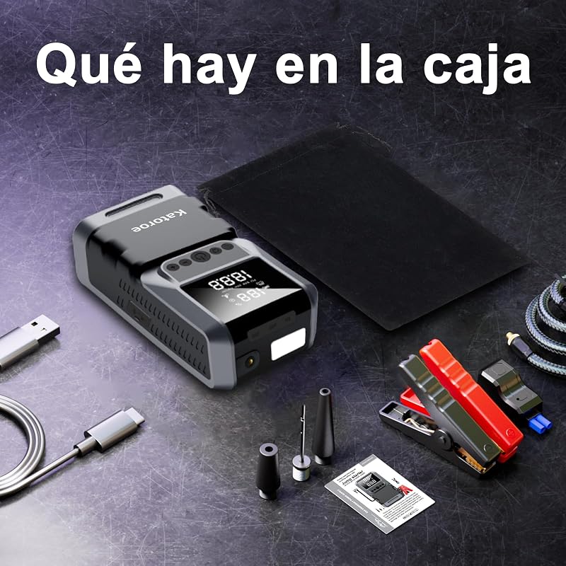Arrancador de Coches 6000A con Compresor, 150PSI Inflador de Neumáticos, Arrancador de Baterias de Coche(10L Gasolina o 8L Diésel), 12V Jump Starter con Pantalla LED, Luz de Emergencia