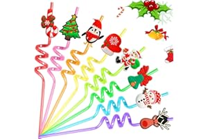 AFZMON 24 PCS Christmas Party Favors Drinking Straws Reusable Xmas Plastic Straw with Cartoon Decoration for Kids Christmas Party Supplies for New Year, Christmas, Birthday Party, 8 Styles