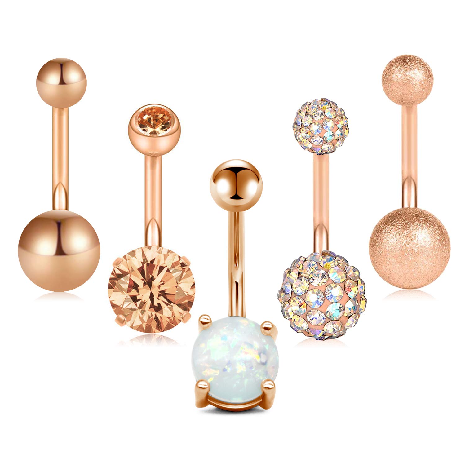 Crdifu Pack of 5 Stainless Steel Belly Button Ring Set 14 Gauge Navel Barbell Bars Piercing Jewellery