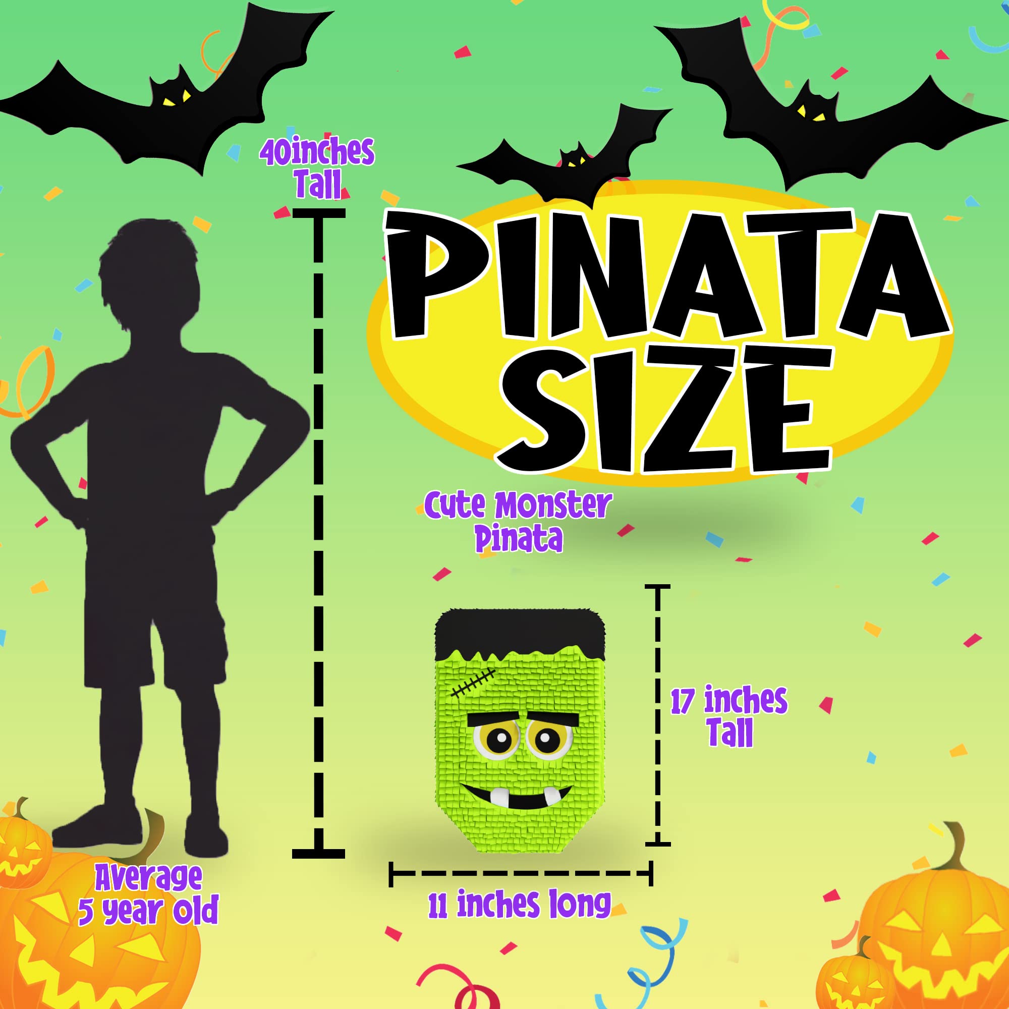 Cute Frankenstein Halloween Piñata 3-piece Bundle for kids and adults, fits 2lbs of candy, perfect for Halloween party, spooky decorations, October birthday and party supplies