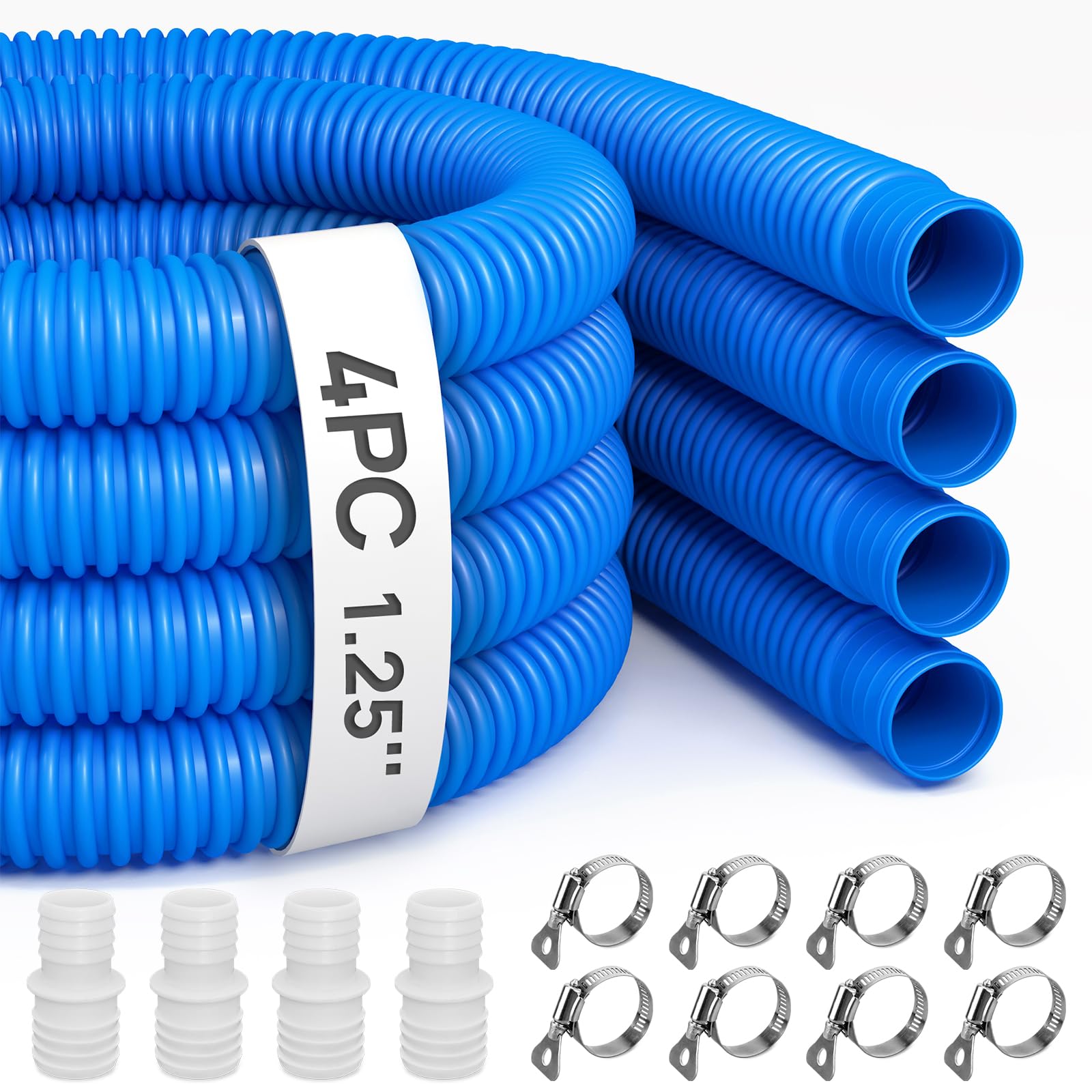 Photo 1 of Pool Hoses for Above Ground Pools, 4 Pack 1.25 x 59 Inch Pool Filter Pump Hoses, With 8 Metal Clamps + 4 Pool Hose Adapter 1.25" or 1.5", Compatible with Swimming Pool Filter Pump 607 637