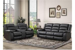 EBELLO Faux Leather Manual Recliner Sofa Set, Loveseat Reclining Sofa and 3 Seat Recliner Sofa, Couch Set for Living Room, Bedroom, Meeting Room, Black(Loveseat+Sofa)