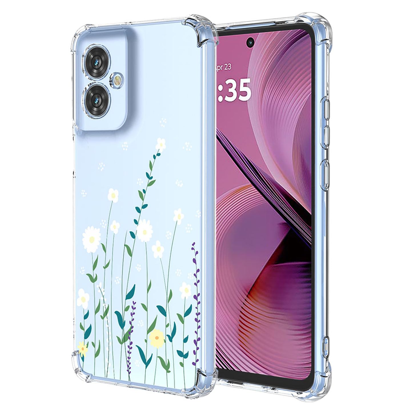 ILING Case for Motorola Moto G55 5G, Ultra Thin Elegant Flower and Cute Cartoon Pattern Design Transparent Shockproof Soft Silicone TPU Bumper Women Girls Cover (Wind chime flowers)