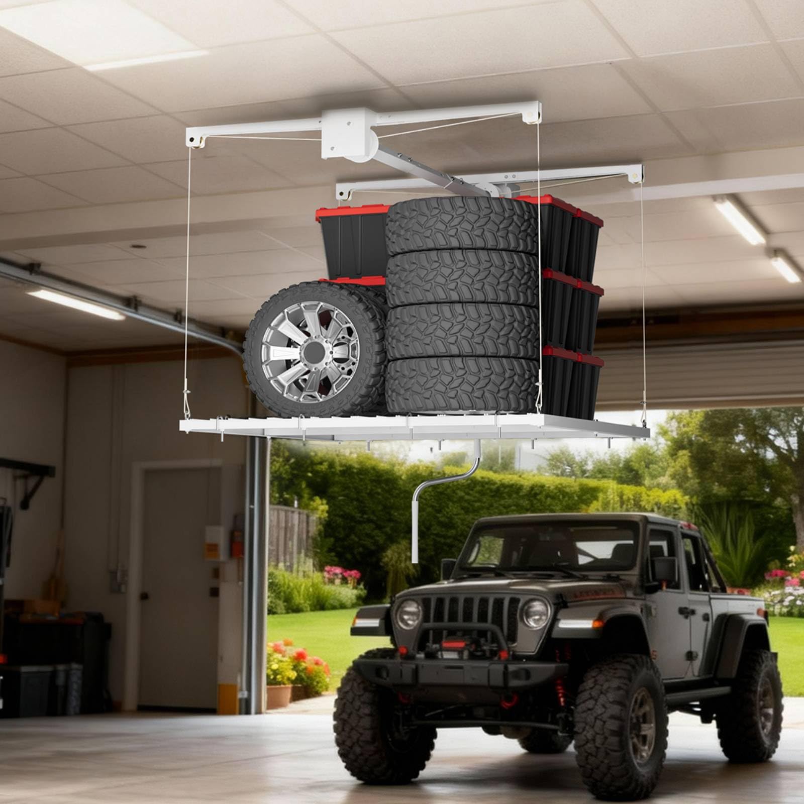 Photo 1 of Garage Ceiling Storage Racks, Garage with the 4x4ft Overhead Lift Storage Rack, Experience Effortless Organization with 350lb Capacity, Smooth Crank System, Space-Saving Ceiling Rack Design