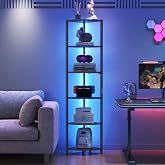 HONGOUZWL Corner Shelf with LED Lights, 6-Tier Corner Bookshelf, 66'' Organizer Book Shelf Shelves Steel Frame Display Stand with Living Room, Bedroom, Study, Black