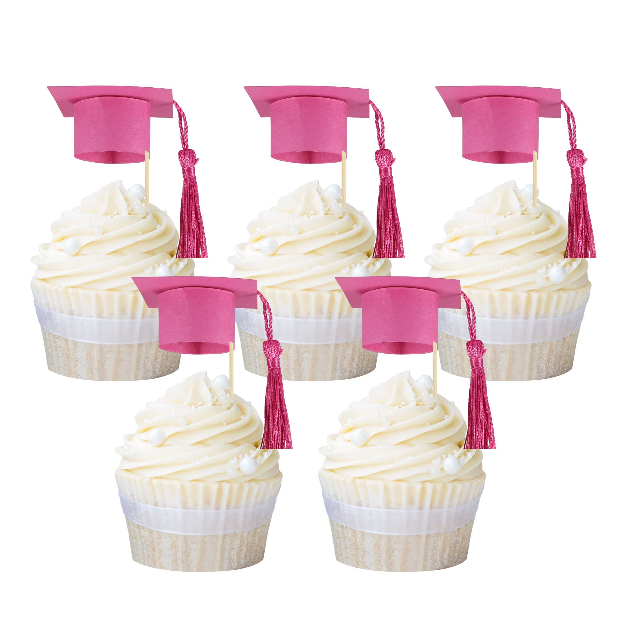 Gyufise 24Pcs 2026 Graduation Cap Cupcake Toppers with Pink Tassel DIY 2026 Congrats Grad Cupcake Picks Graduation Cap 2026 Cupcake Picks for Grad Theme Party Supplies Pink
