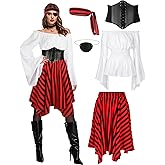 Cosrea Pirate Costume Adult Women Renaissance Shirt Bandana Corset Waist Belt Eye Patch Halloween Pirate Queen Outfit