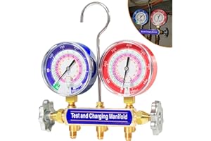 HIHITOMORROW 42001 Charging Manifold and Test, 2-Valve, A/C Manifold Gauge, with 3-1/8" Gauge, Large Double Gauges, for Refrigerant Type R-22, R-404A, R-410A