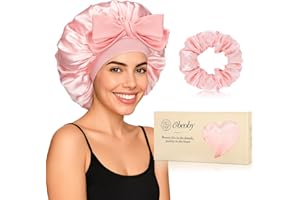 OBEOBY Double-Layer Satin Silk Sleep Bonnet for Women with Adjustable Tie Band - Hair Protection for Curly Natural Wavy Hair - Includes 1 Free Silk Hair Scrunchies, Pink
