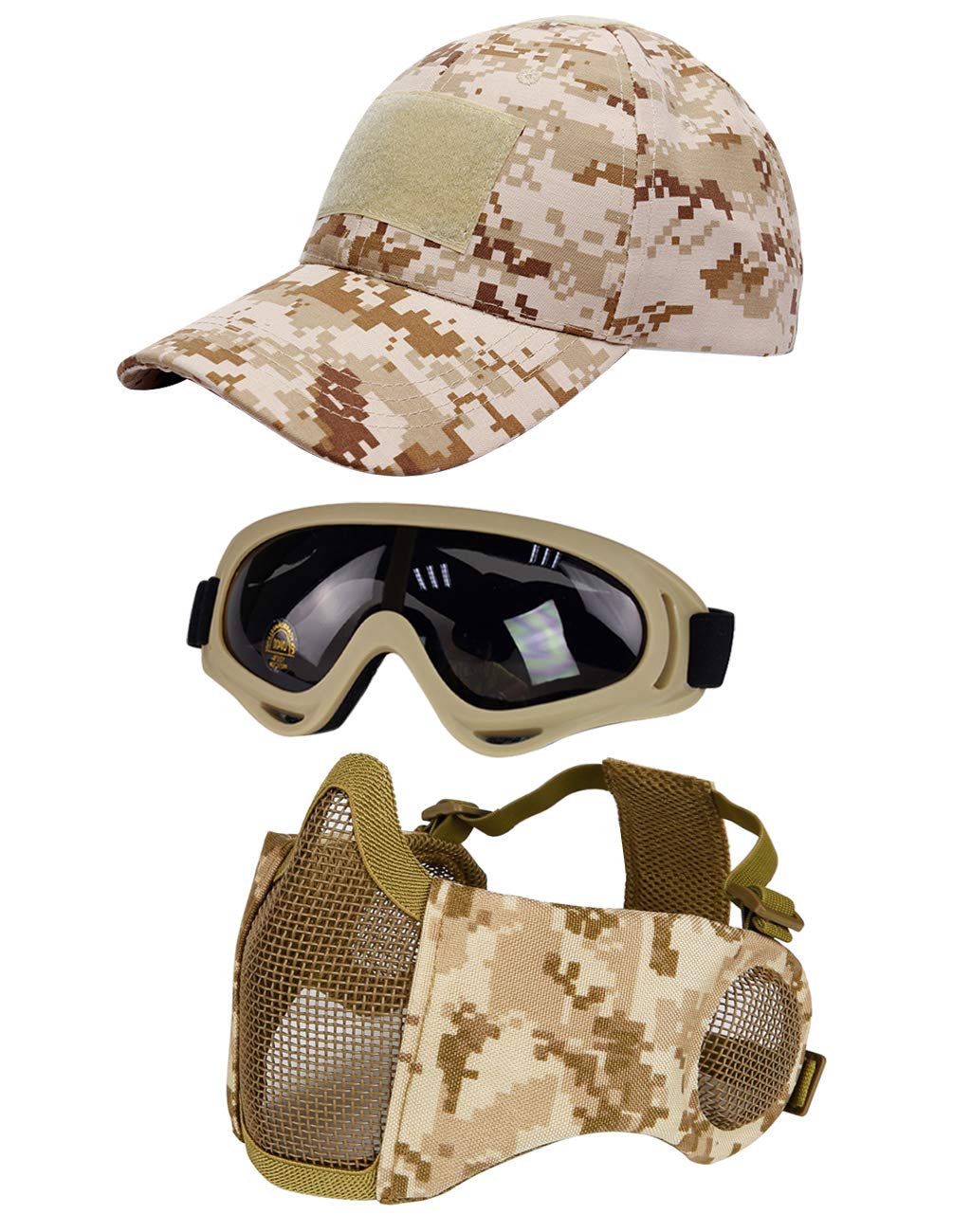 Hodeacc 3 Pcs Tactical Airsoft Mask Goggles Baseball Cap Set,Adjustable Half Face Mesh Mask with Ear Protection,Airsoft Glasses Eye Protection Outdoor Hat for Outdoor BB/CS Game
