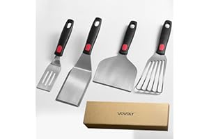 Metal Spatula Set with Silicone Handle, Stainless Steel Cooking Utensils for Cast Iron Griddle BBQ Flat Top Grill, Fish Turne