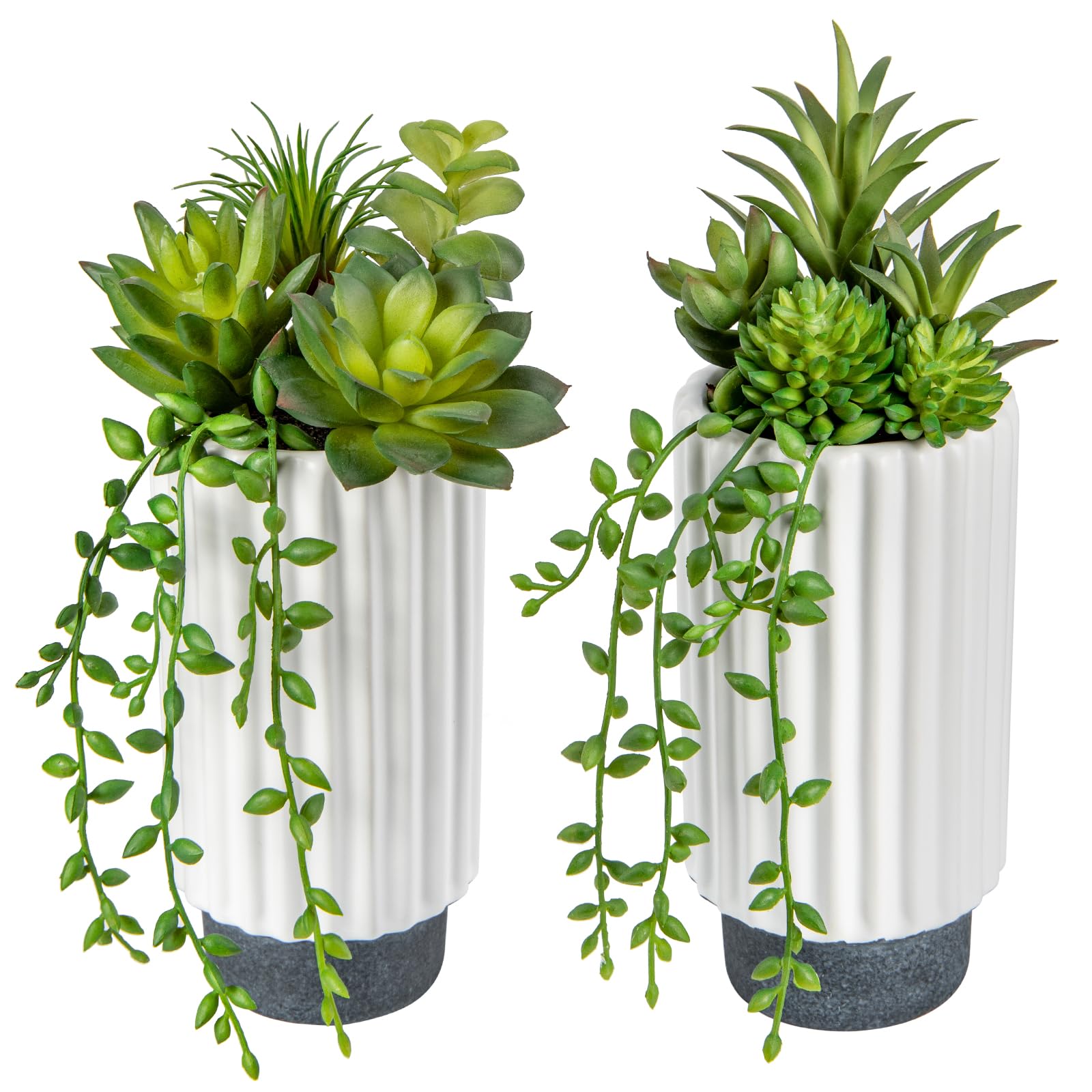 Hollyone 2 pcs Fake Succulent Plants Artificial Succulents in White Ceramic Pots, Faux Trailing Succulents for Room Home Bathroom Bedroom Office Kitchen Living Room Desk Decoration