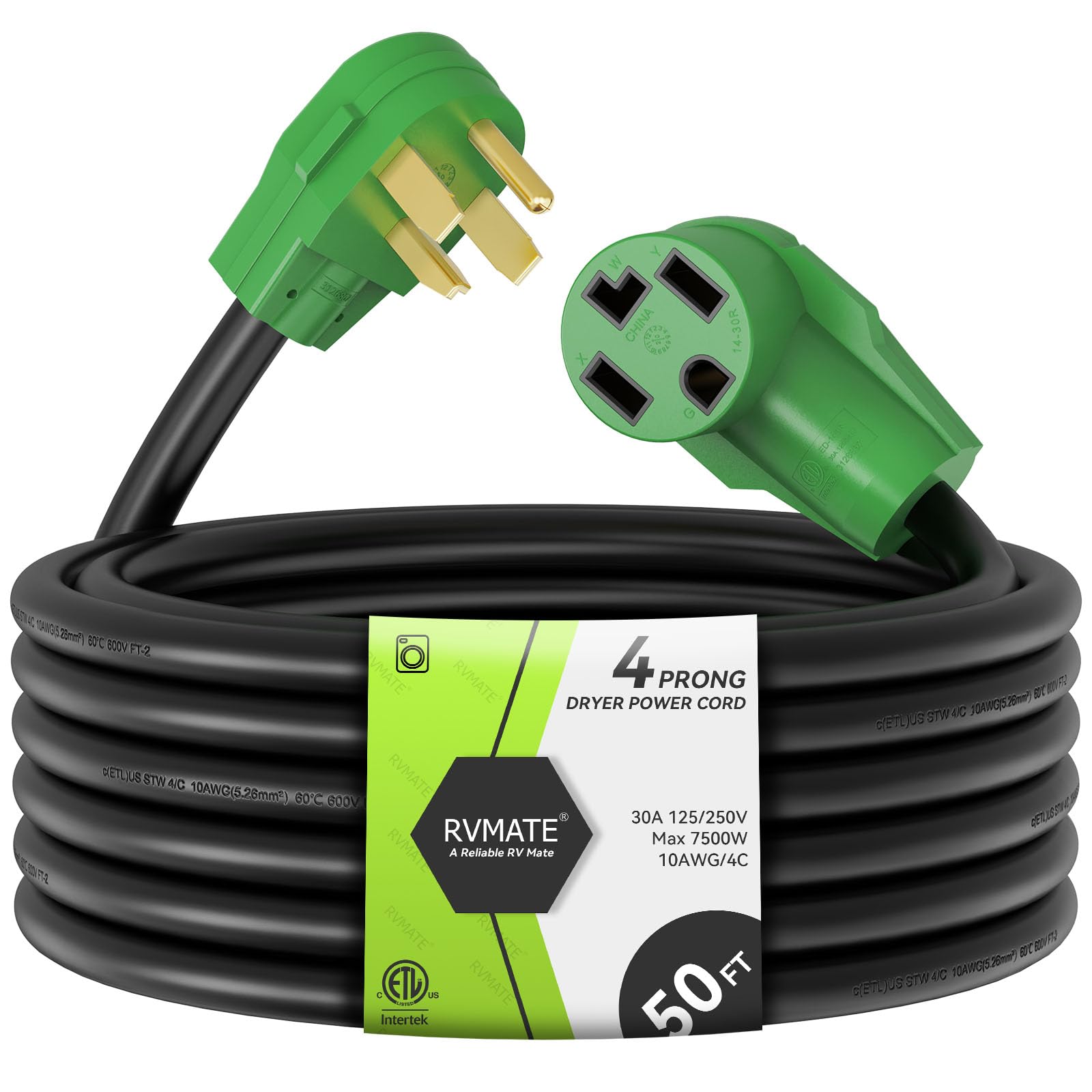 Photo 1 of RVMATE 4 Prong Dryer Extension Cord 50 Feet, 30 Amp NEMA 14-30P to 14-30R 125V/250V Waterproof PVC Jacket, Perfect for Dryer Power Extension, ETL Listed