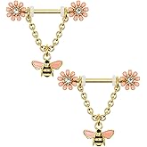 CM Crareesi Mania Chain Nipple Shield Rings - Dainty Bee Nipple Piercing Barbells 14G Dangle Rings