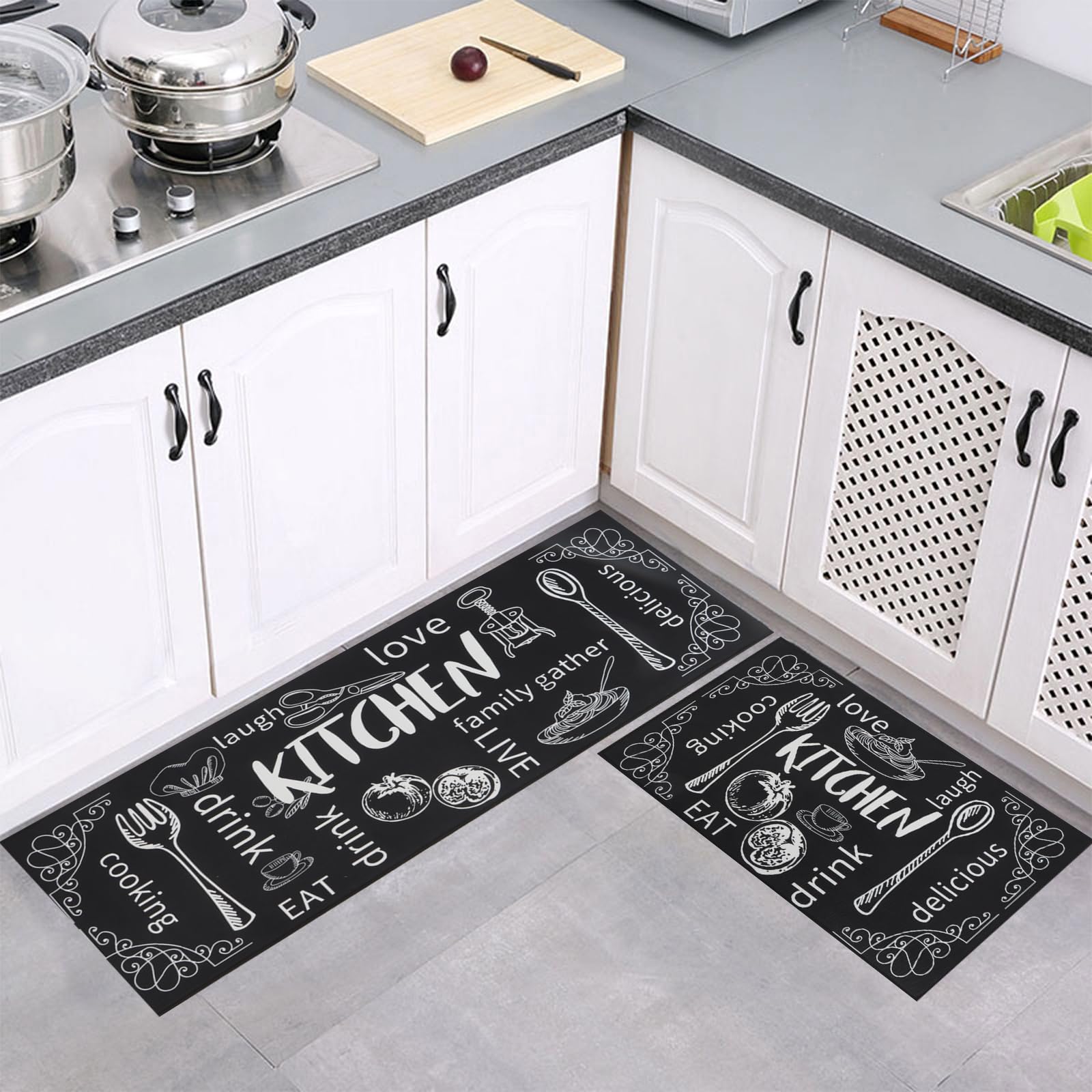 7VSTOHS Kitchen Runner, 2-Piece Set, 40x60+40x120cm, Black, Modern Geometric Pattern, Waterproof, Non-Slip, Machine Washable, Kitchen, Bar, Office, Laundry Room, Entryway, Hallway, High Traffic Areas