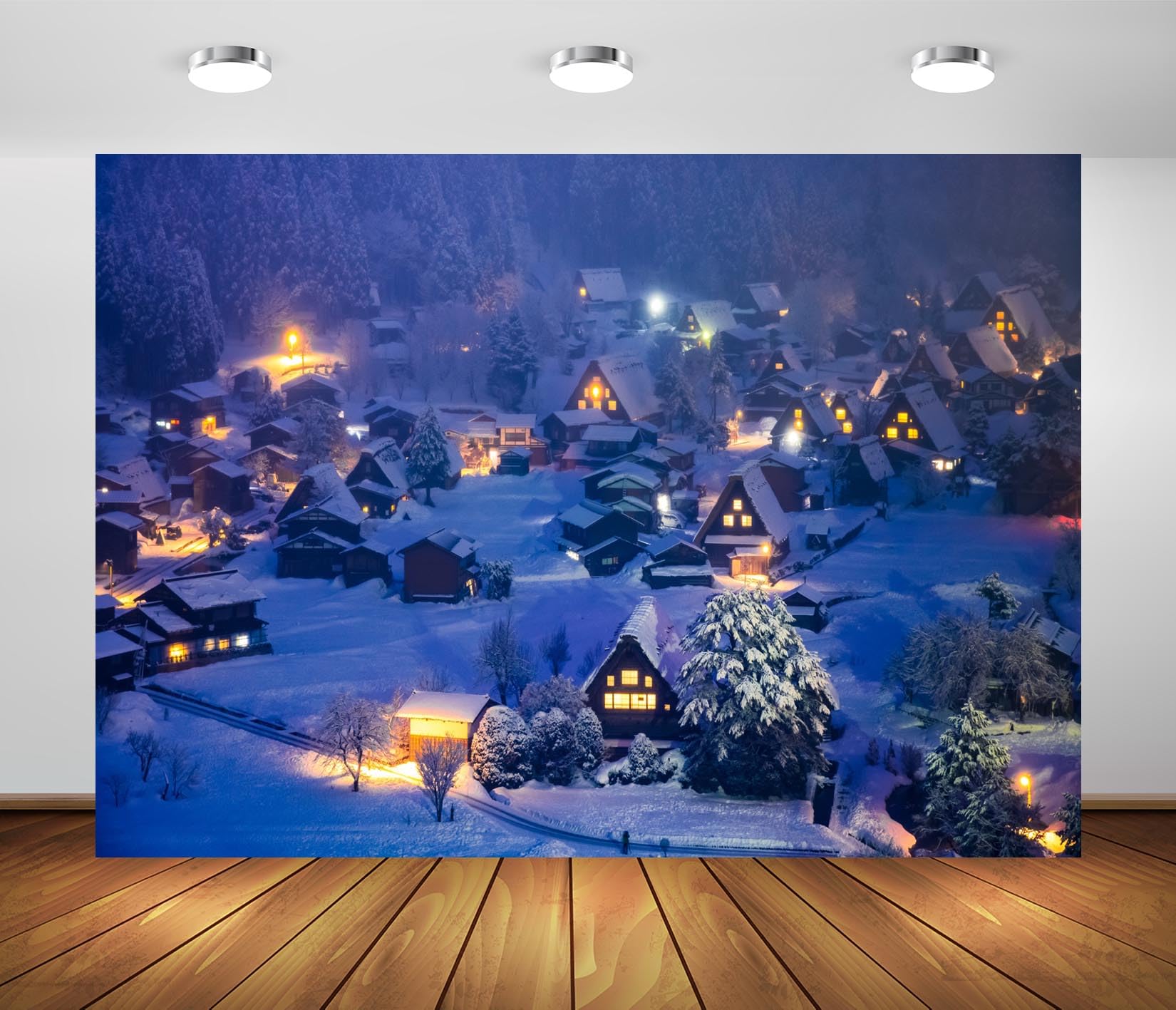 BELECO 2.1x1.5m Fabric Winter Village Backdrop Japan Shirakawago Village Night Snow Winter Scene Background for Japanese Party Decorations Winter Holiday Christmas Photoshoot Studio Booth