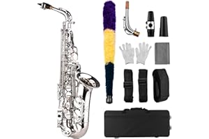 Btuty E Flat Alto Saxophone, Brass, Silver, Includes Mouthpiece, Cleaning Cloth, Brush, Gloves, Straps