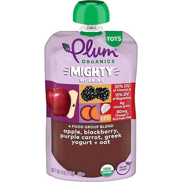 PLUM ORGANICS MIGHTY MORNING ORGANIC TODDLER FOOD – APPLE, BLACKBERRY, PURPLE CARROT, GREEK YOGURT, AND OAT – 4 OZ POUCH – ORGANIC FRUIT AND VEGETABLE TODDLER FOOD POUCH