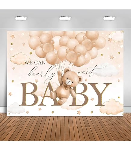 Classic Bear Backdrop Baby Shower Decorations For We Can Bearly Wait Banner Cartoon Design Children Birthday Party Gold Dot Balloons Decorations 7x5ft