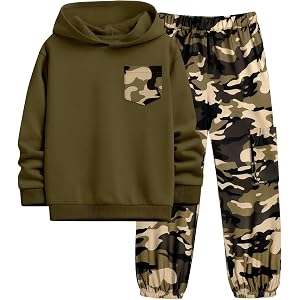 KANGKANG Boys Clothes Two Piece Long Sleeve Hooded Sweatshirt Top Camouflage Sweatpants Fall Outfits Winter Clothes Set 6-16Y