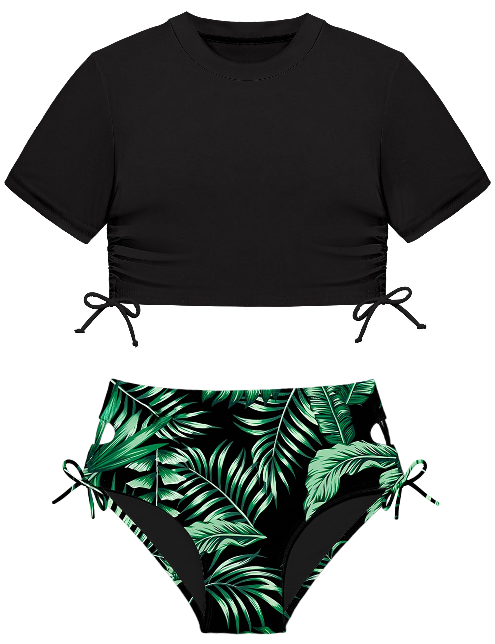 Photo 1 of CRISONE Girls Swimsuits Size 10-12 11 Year Old Bathing Suits for Girls Short Sleeve 2 Piece Girl Bikini with Drawstring Girl Swimwear Black