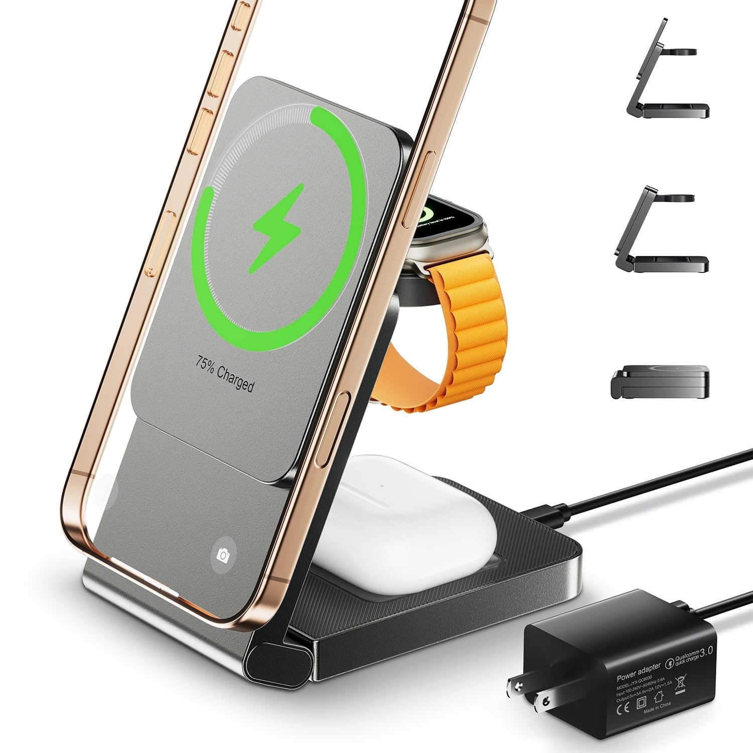 3 in 1 Wireless Charger Station for Multiple Devices, Foldable Magnetic Charging Stand, Portable Fast Travel Wireless Charger for iPhone17/16/15/14/13/12 Pro Max/ AirPods2/3/4 and IWatch Ultra Series