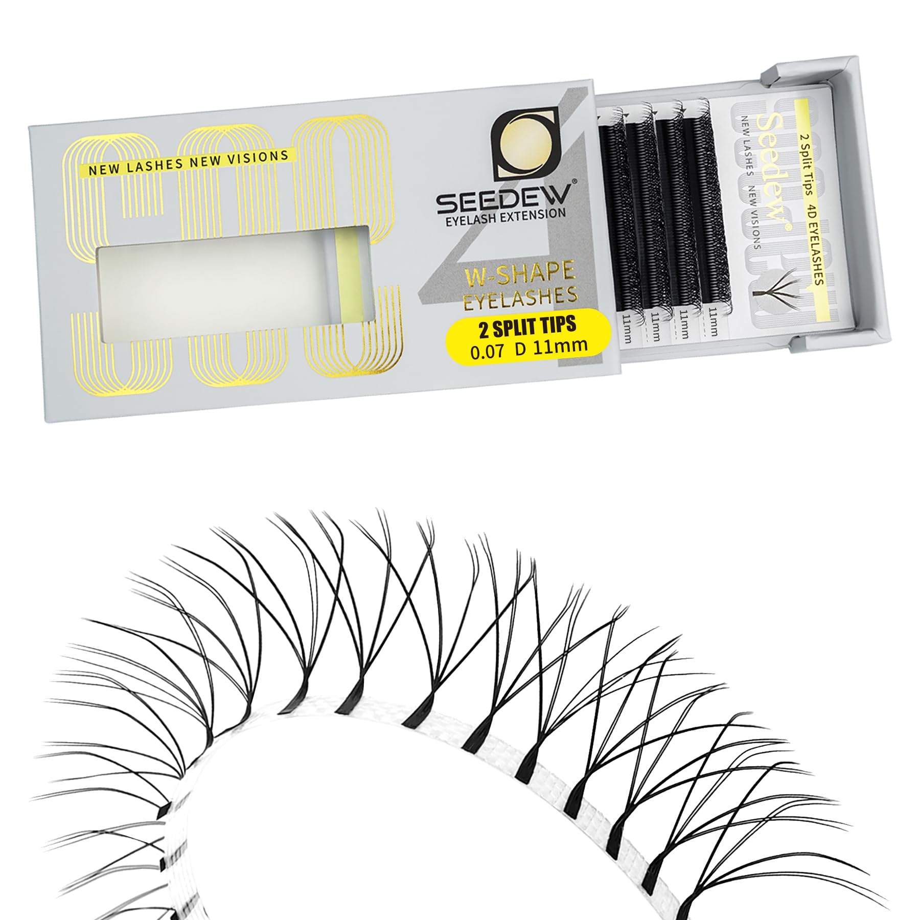 SEEDEW 4D-Double Tips Lash Extensions, 0.07mm D Curl 11mm 12 Rows/Tray, W Shape 4DD Flat Stem, PBT Volume False Eyelashes for Beginner Artist, Lash Tech, Beauty Salon(4DD-Matte Black-0.07-D-11mm) — image 1