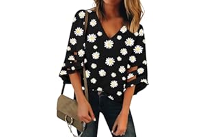 LookbookStore Women's V Neck Mesh Panel Blouse 3/4 Bell Sleeve Loose Top Shirt