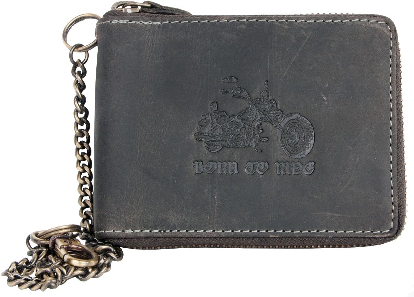 Grey Zip-Around Genuine Leather Wallet Born to Ride with a Motorbike with Chain and Carabinee