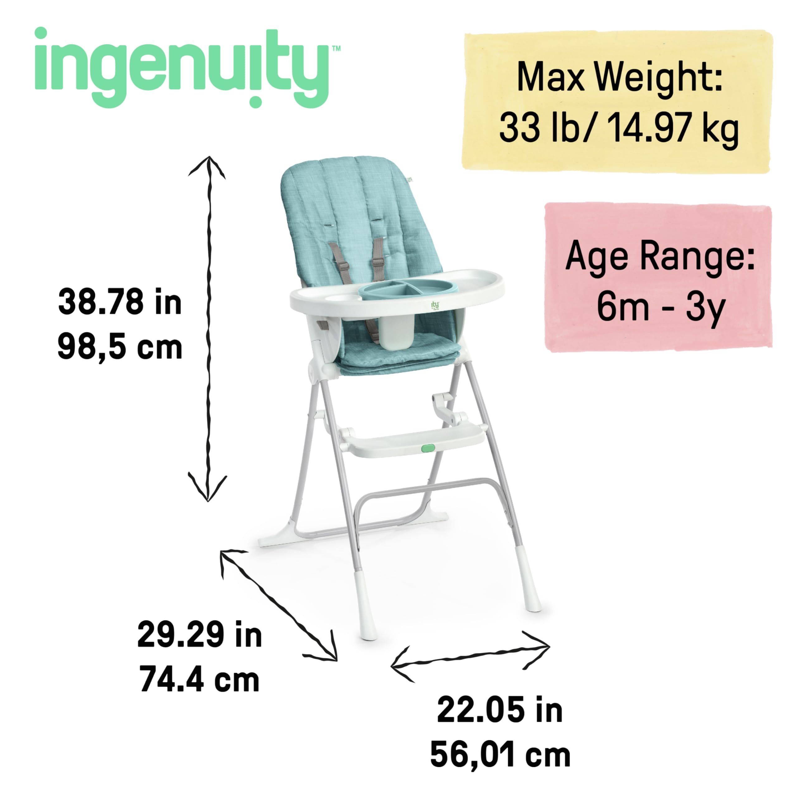 Ingenuity Sun Valley Compact Folding Baby High Chair, Food-Grade Safe Plate, 5-Point Harness, for Ages 6 Months and Up, Unisex - Teal
