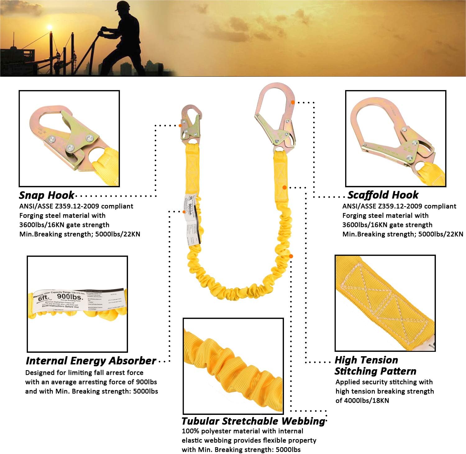 WELKFORDER Single Leg 6-Foot Fall Protection Internal Shock Absorbing Stretchable Safety Lanyard with Snap & Rebar Hook Connectors ANSI Compliant - - 