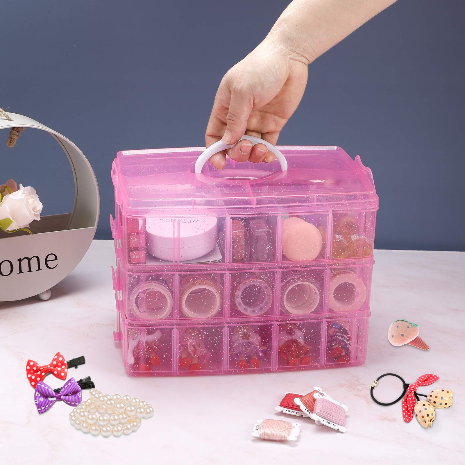 SGHUO SGHUO 3-Tier Pink Craft Storage Container, Stackable Organizer Box with Dividers for Art Supplies, Beads, Washi Tapes, Seed, Hair Accessories, Nail, 9.5X6.5X7.2in