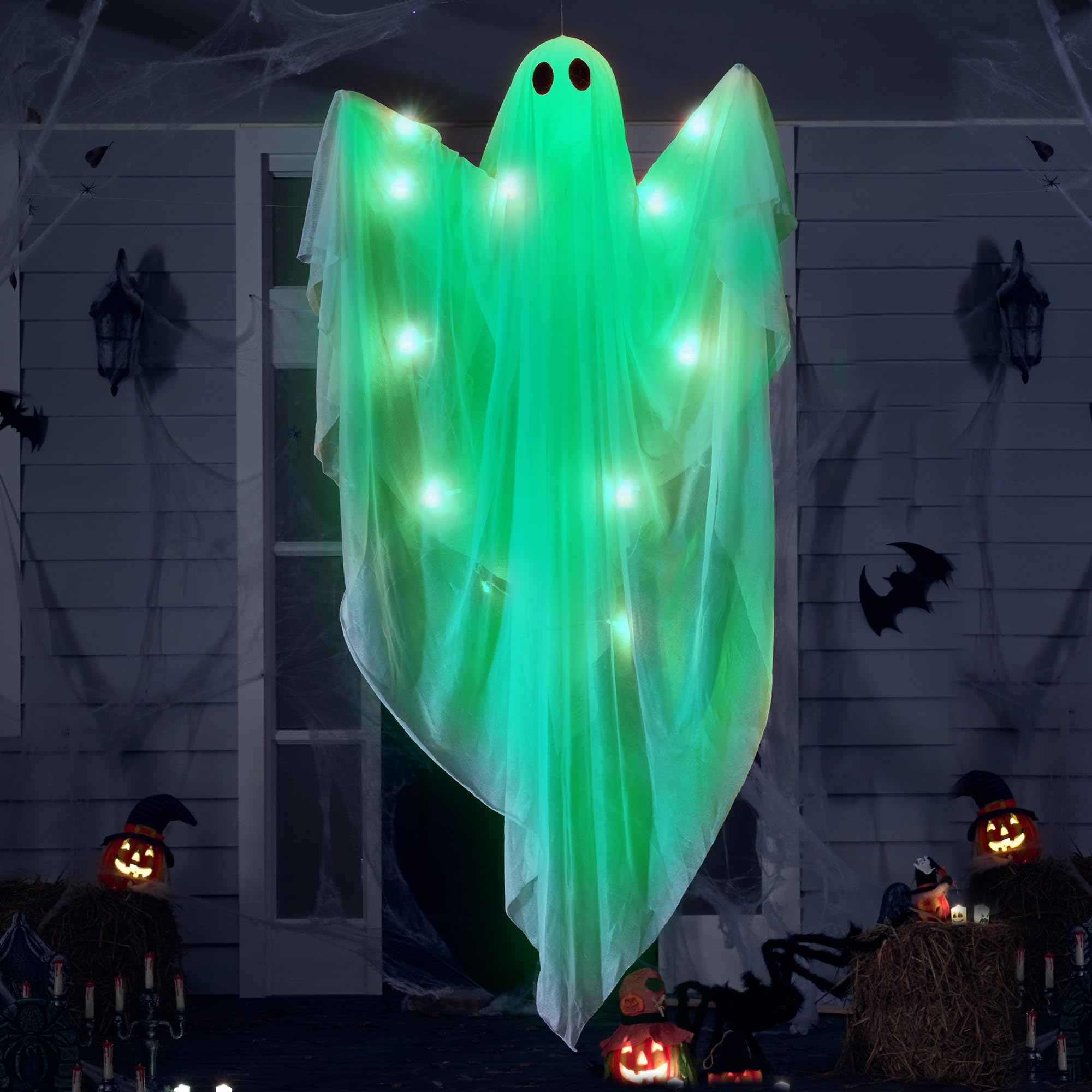 Photo 1 of JOYIN Halloween Hanging Light up Ghost with Spooky Green LED Light, 47” Halloween Hanging White Ghosts Decoration for Front Yard Patio Lawn Garden Party Decor Indoor Outdoor