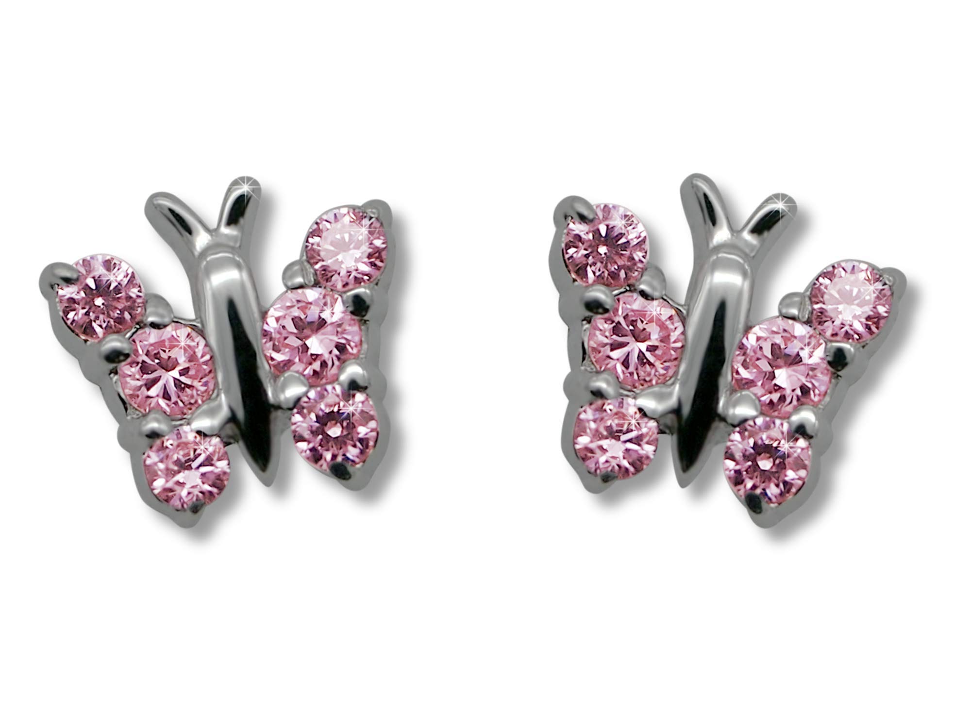 Tiwoca Jewellery Girls' butterfly stud earrings with pink zirconia, genuine 925 silver, including high-quality jewellery box.