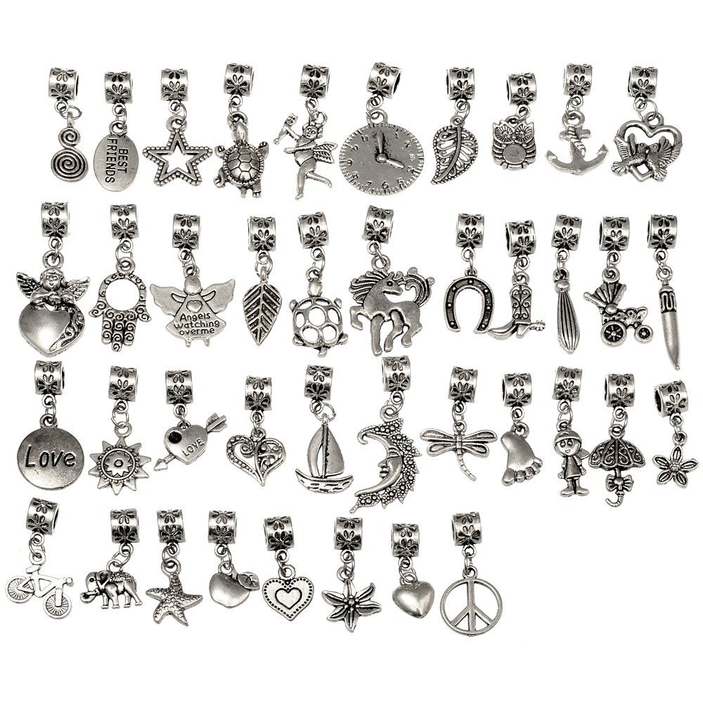 RUBYCA 120Pcs Tibetan Silver Color Connector Bails Mix Beads with Pendant fit Charm Bracelet 201