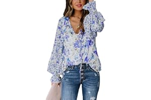 BIUCLY SHEWIN Women's Casual Boho Floral Print V Neck Long Sleeve Drawstring Tops Loose Blouses Button Down Shirts